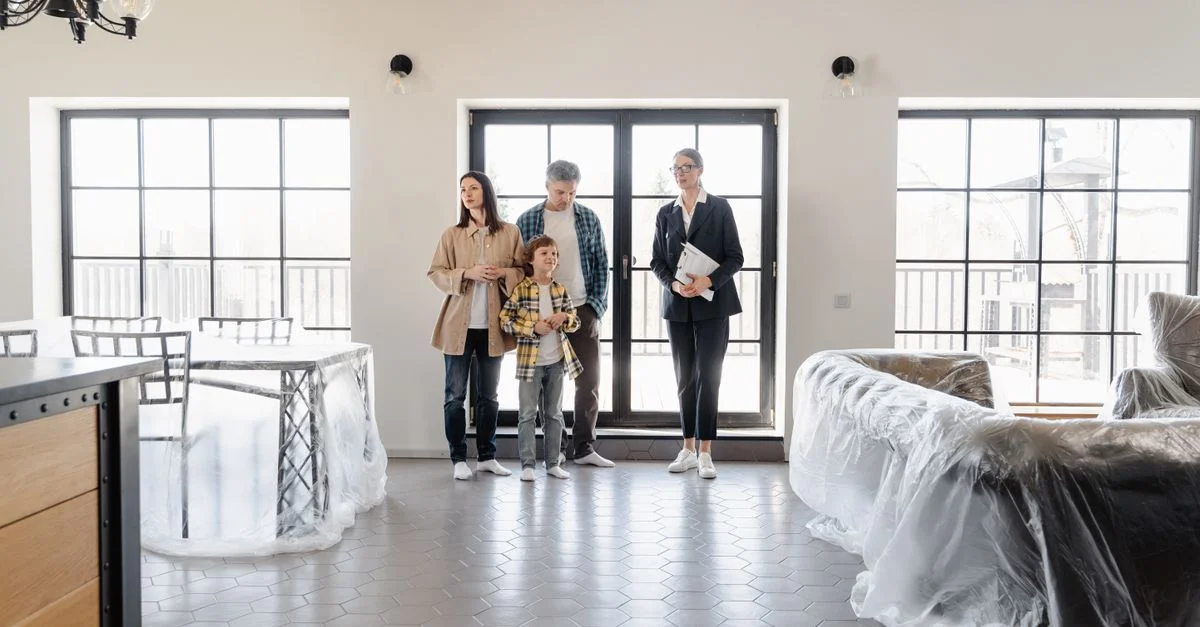 La famille explore sa nouvelle maison avec un agent, mettant en avant des intérieurs modernes.